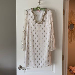 Lilly Pulitzer mini dress. White with gold/silver accents. Bell sleeve. Size 4.